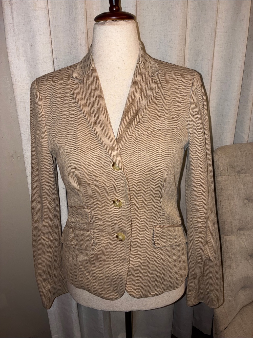 Genuine CHAPS Tailored Beige Herringbone Women's Linen  Blazer Jacket Size Small
